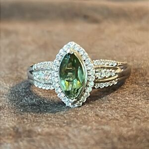 Authentic Bohemian Moldavite & White Zircon Ring Platinum / Sterling Silver sz9